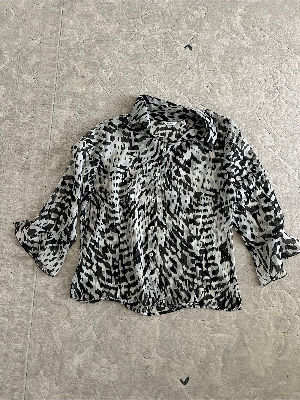 NICOLA Black and White Silk Abstract Print Sheer Button-Down